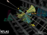 Imagen de una de las colisiones de la señal de cuatro quarks top en el detector de Atlas.
