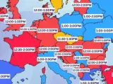 Mapa con las horas a las que se suele comer en Europa.