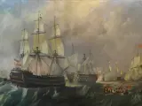 Cuadro que representa al nav&iacute;o espa&ntilde;ol Pelayo acudiendo en auxilio del nav&iacute;o de cuatro puentes Sant&iacute;sima Trinidad durante la batalla del Cabo de San Vicente, que se libr&oacute; el 14 de febrero de 1797.