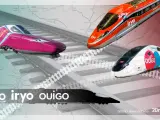 Ouigo, Iryo y Avlo, las compañías 'low cost' de alta velocidad que operan en España.