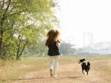 Una chica paseando con su perro por el campo.