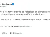 Mensaje de Ayuso en apoyo a las víctimas del incendio en el restaurante de Madrid.