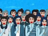 Grupo de mujeres con máscaras representando la cirugía plástica