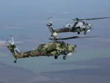 Dos helicópteros de la Fuerza Aeroespacial rusa en unas maniobras en territorio ruso.