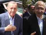 El presidente turco, Recep Tayyip Erdogan (izquierda), y el candidato opositor, el socialdemócrata Kemal Kiliçdaroglu, antes de votar en la primera vuelta de las presidenciales turcas.