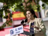 La candidata a la reelección por el PP en la Comunidad de Madrid, Isabel Díaz Ayuso, este domingo en Leganés.