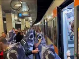 Una docena de activistas se han subido a un tren de Rodalies disfrazados de sardinas.