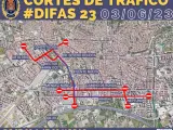 Mapa de los cortes de tráfico por el Día de las Fuerzas Armadas en Granada.