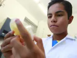 Fotografía que muestra al joven, Ian Emanuel González Santos, mientras trabaja el 30 de mayo del 2023, en el laboratorio de microbiología del Centro Universitario de Ciencias Exactas e Ingenierías de la Universidad de Guadalajara.