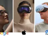(De izquierda a derecha) Las Google Glass, las Apple Vision Pro y las Meta Quest 3.