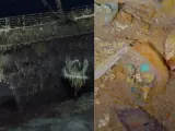 Imagen del collar hecho con un diente de un megalodón (izquierda) entre los restos del Titanic.