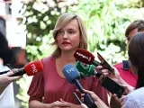 La portavoz del PSOE, Pilar Alegría, este lunes en Ferraz.