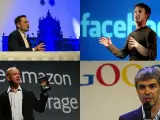Elon Musk [arriba izquierda], Mark Zuckerberg [arriba derecha], Jeff Bezos [abajo izquierda] y Larry Page [abajo derecha] son los empresarios tecnológicos que más suenan y todos se encuentran dentro del top 10 de hombres más ricos del mundo.
