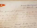 Fotografía de una carta escrita a bordo del Titanic por un pasajero uruguayo y enviada desde Irlanda a su hermano el 11 de abril de 1912.