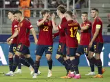La selección española celebra un gol ante Suiza en los cuartos del Europeo sub-21.