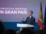 El presidente del Partido Popular y candidato a la Presidencia del Gobierno, Alberto Núñez Feijóo, presenta el programa electoral para las elecciones del 23J, en el Palacio de Linares, a 4 de julio de 2023, en Madrid (España).