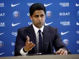 Nasser Al-Khelaïfi, durante la rueda de prensa de Luis Enrique como nuevo técnico del PSG.