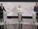 Los candidatos a la presidencia del Gobierno, Santiago Abascal, Yolanda Diaz y Pedro Sánchez.