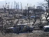 Casas y coches destruidos en Lahaina, Hawái.