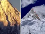En la foto izquierda la cara oeste, llamada el Muro Resplandeciente. En la foto derecha marcada con puntos rojos la todavía inescalada arista sureste de Gasherbrum IV.