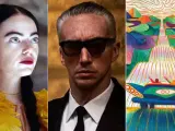 Emma Stone en 'Pobres criaturas', Adam Driver en 'Ferrari' y detalle del cartel de Venecia 2023