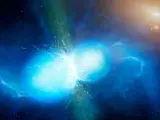 Una ilustración de la fusión de dos estrellas de neutrones que forman una kilonova.