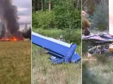 Tres momentos del accidente de Prigozhin: avión incendiado, restos del fuselaje y retirada de uno de los cadáveres.