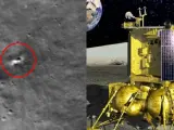 El círculo rojo señala el cráter en la Luna provocado por la misión rusa.