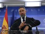MADRID, 05/09/2023.- El líder de VOX, Santiago Abascal, durante la rueda de prensa ofrecida este martes en el Congreso. EFE/ Zipi ESPAÑA CONGRESO