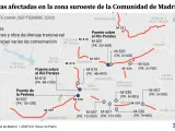 Gráfico con todas las carreteras, puentes y pontones que fueron dañados por la DANA en Madrid.