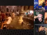 Reacción de Gerard Piqué y los 'streamers' después del baño de los seguidores en la fuente de la plaza del Obispo (Málaga).