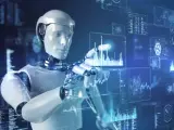 Artificial intelligence robot touching futuristic data screen.
