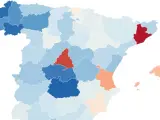 Mapa de déficit (en rojo) y superávit (en azul) de viviendas en España, por provincias.