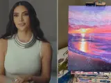 Kim Kardashian y a la derecha, el cuadro que dice que ha pintado su hija.