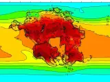 Temperatura promedio del mes más cálido para la Tierra y el supercontinente proyectado en 250 millones de años.