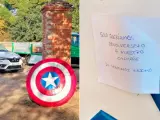 Escudo del Capitán América junto a la nota de disculpas en Valladolid.