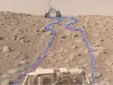 Imagen compuesta del 29 de junio que muestra el camino trazado gracias a AutoNav para el rover.