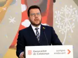 El presidente de la Generalitat de Cataluña, Pere Aragonés, ha pronunciado la declaración institucional con motivo del sexto aniversario del 1-O desde Fonollosa (Barcelona).