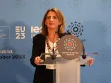 La vicepresidenta tercera, Teresa Ribera, este lunes en la Cumbre de la Energía y el Clima de Madrid.