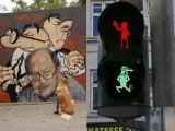 Un sem&aacute;foro de Mortadelo y Filem&oacute;n y un mural dedicado a estos personajes en Barcelona.
