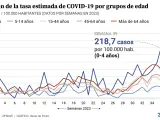 Evolución por franjas de edad de los contagios de covid en España durante el año 2023.
