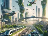 La idea de la sostenibilidad y la velocidad son dos características fundamentales para el transporte del futuro. Madrid tendrá coches de toda la vida (posiblemente eléctricos o de hidrógeno), pero también voladores, y trenes que nos llevarán a cualquier dirección. Todo eso rodeado de mucha vegetación.