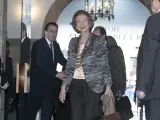 La Reina Sof&iacute;a a su llegada a la recepci&oacute;n de invitados a la entrega de los Premios Princesa de Asturias 2023.