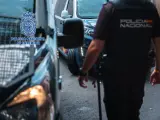 Un agente, junto a dos vehículos policiales