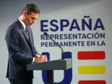 Pedro Sánchez durante su intervención en Bruselas.