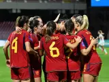 La selección española celebra el gol de la victoria ante Italia.