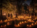 Cementerio iluminado por velas.