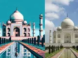 La IA mantiene las cuatro torres, las cúpulas, la fuente y los arbustos del monumento que el emperador Shah Jahan mandó construir en el Siglo XVII en honor a su esposa favorita Mumtaz Mahal, que murió en el parto de su 14º hijo.
