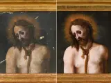 Combo de imágenes del antes y el después de la restauración del 'Ecce Homo' de Santa María la Mayor de Béjar.