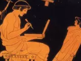 Esta pintura de la antigua Grecia parece mostrar a un hombre consultando un ordenador portátil, incluso sujeta en su mano un lápiz óptico por si acaso.